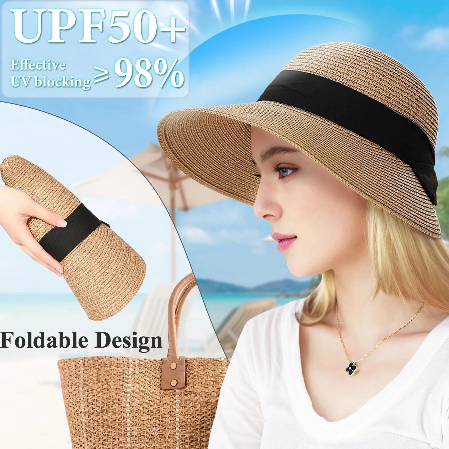 Sombrero de paja para mujer con protección UV y ala ancha transpirable plegable para playa