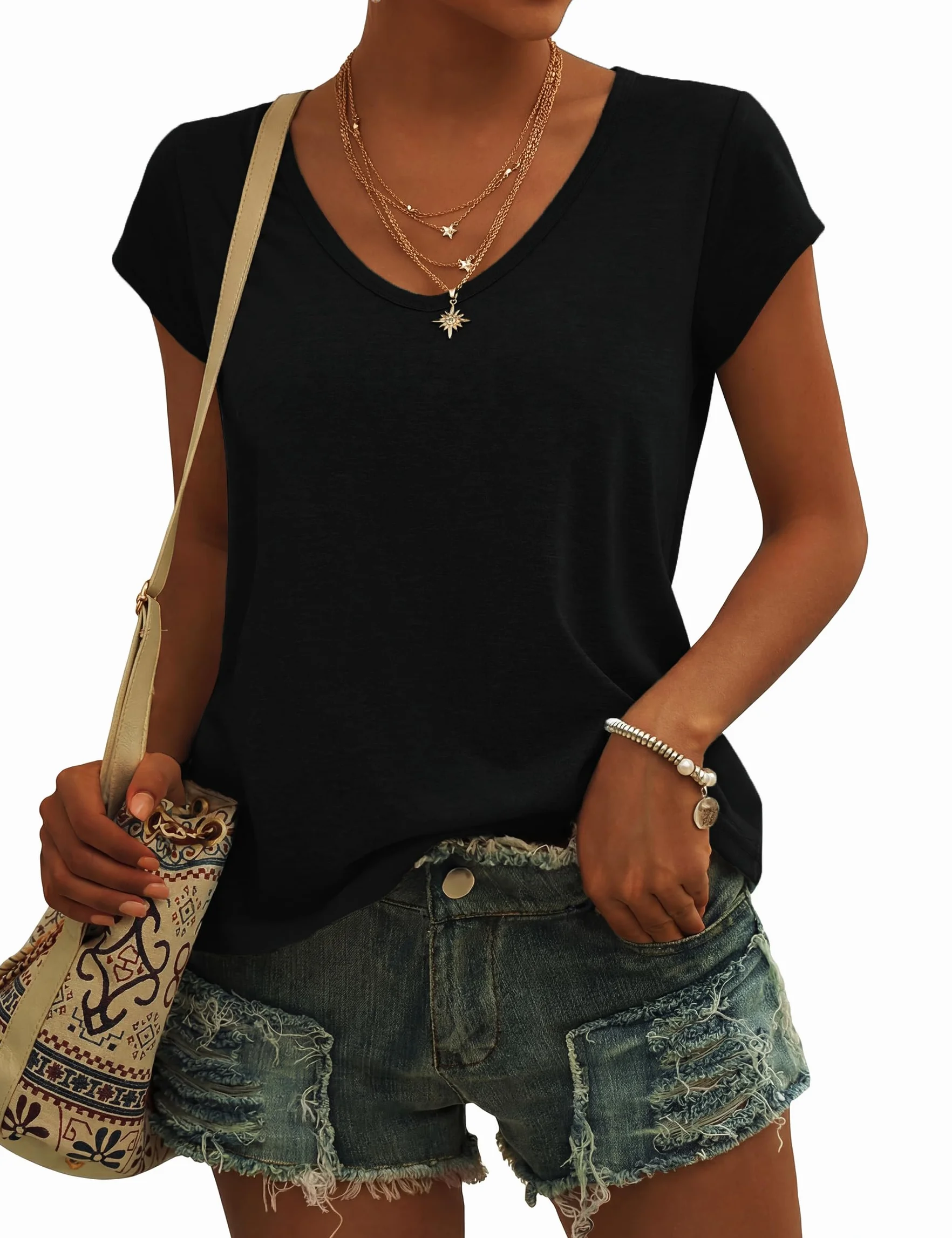 Camisetas Verano Mujer Básicas con Cuello en V Manga Corta Holgadas Ligeras de Color Liso S-XXL