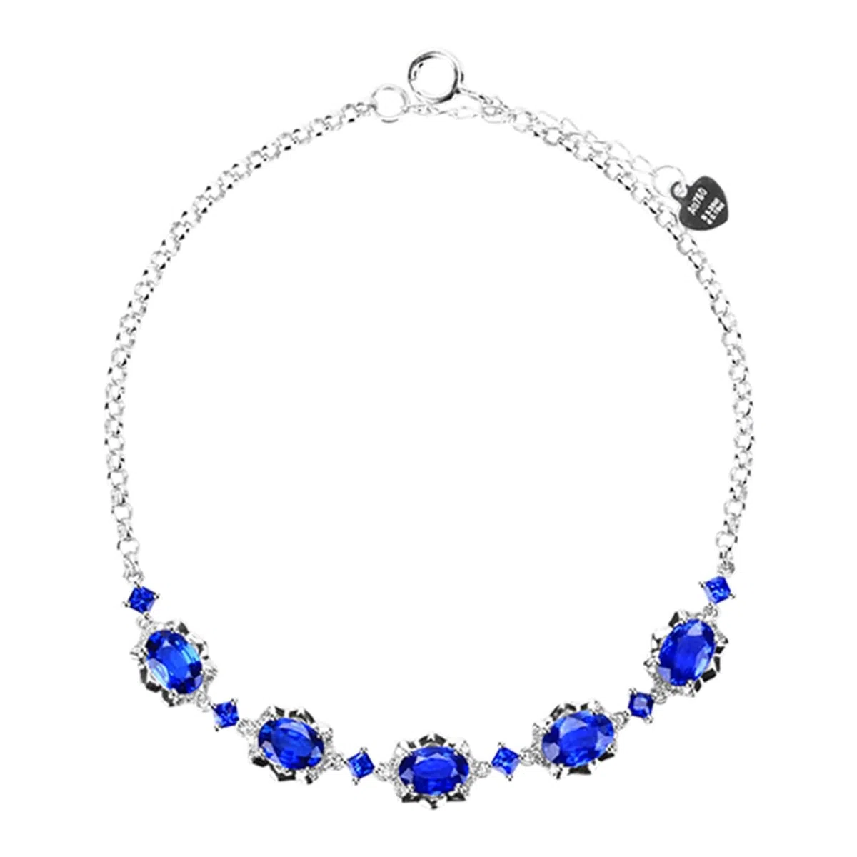 Pulseras Mujer de Oro Blanco 9K / 14K / 18K, Oval con Zafiro Creado de 2,9 ct y Moissanita, Cadena Extensible 16 CM + 5 CM, Pulseras de Plata Azul para Ajustable Mujer