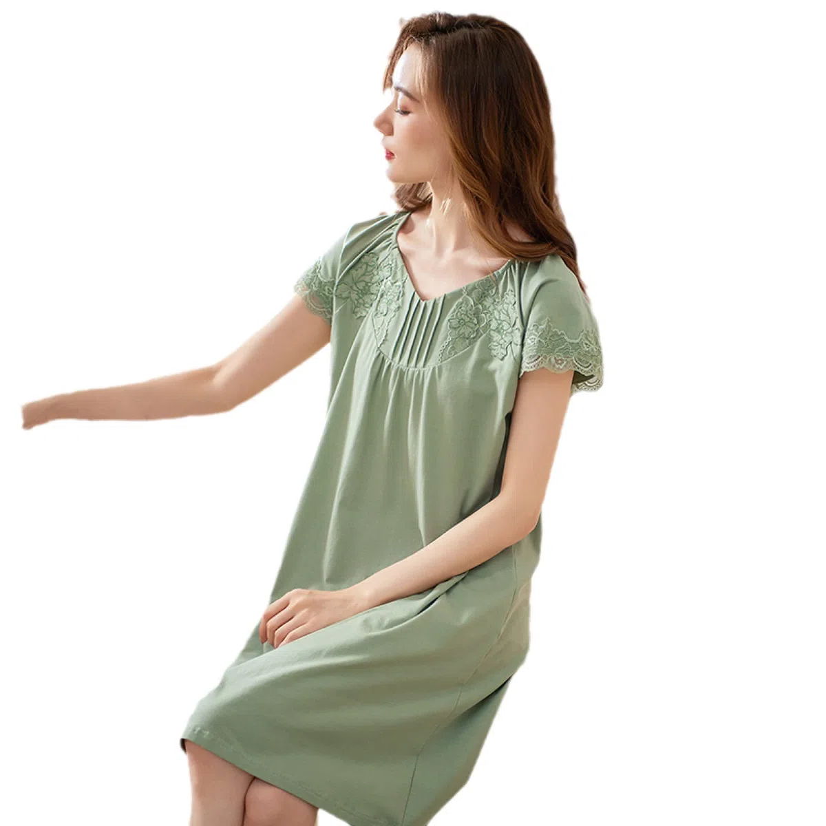 OFFSUM Verano Dulce Estilo Princesa Camisón De Manga Corta con Cuello En V Encaje De Retazos Camisón Elegante Ropa De Casa