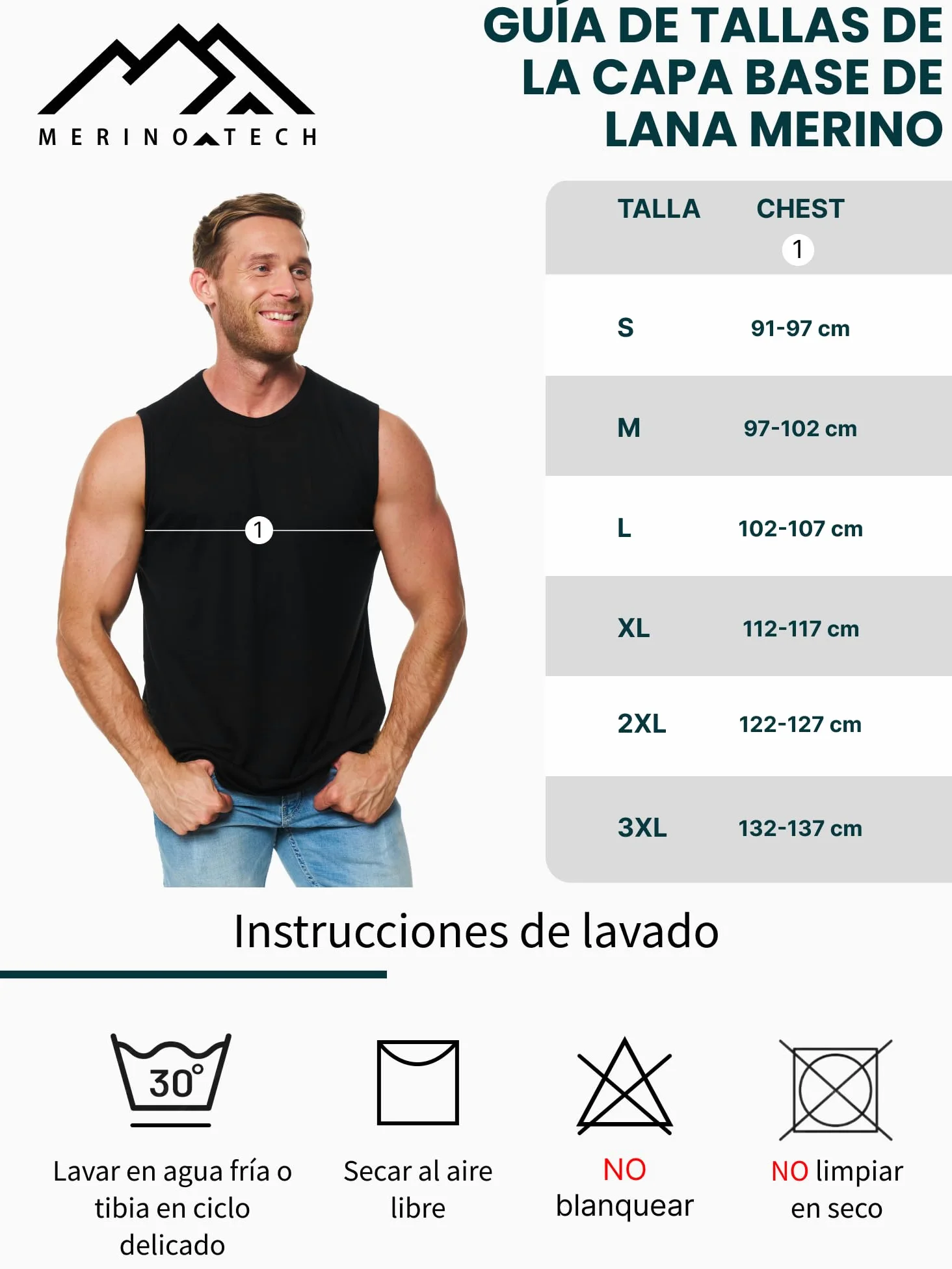 Merino.tech Camiseta Sin Mangas Merino Activa - 100% Lana Merino | Absorbe la humedad, altamente transpirable, de secado rápido, suave y ligera