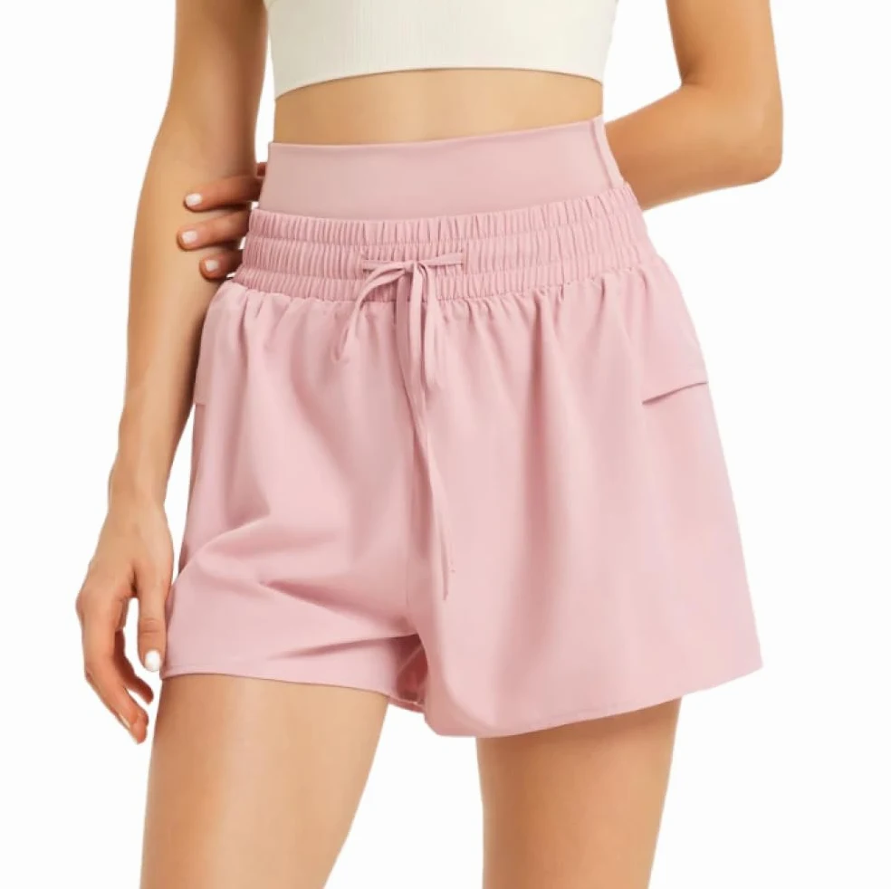 Pantalones cortos deportivos transpirables para correr 2 en 1 para mujer, pantalones cortos tejidos de secado rápido para gimnasio, pantalones cortos de Yoga de cintura alta con cordón para mujer