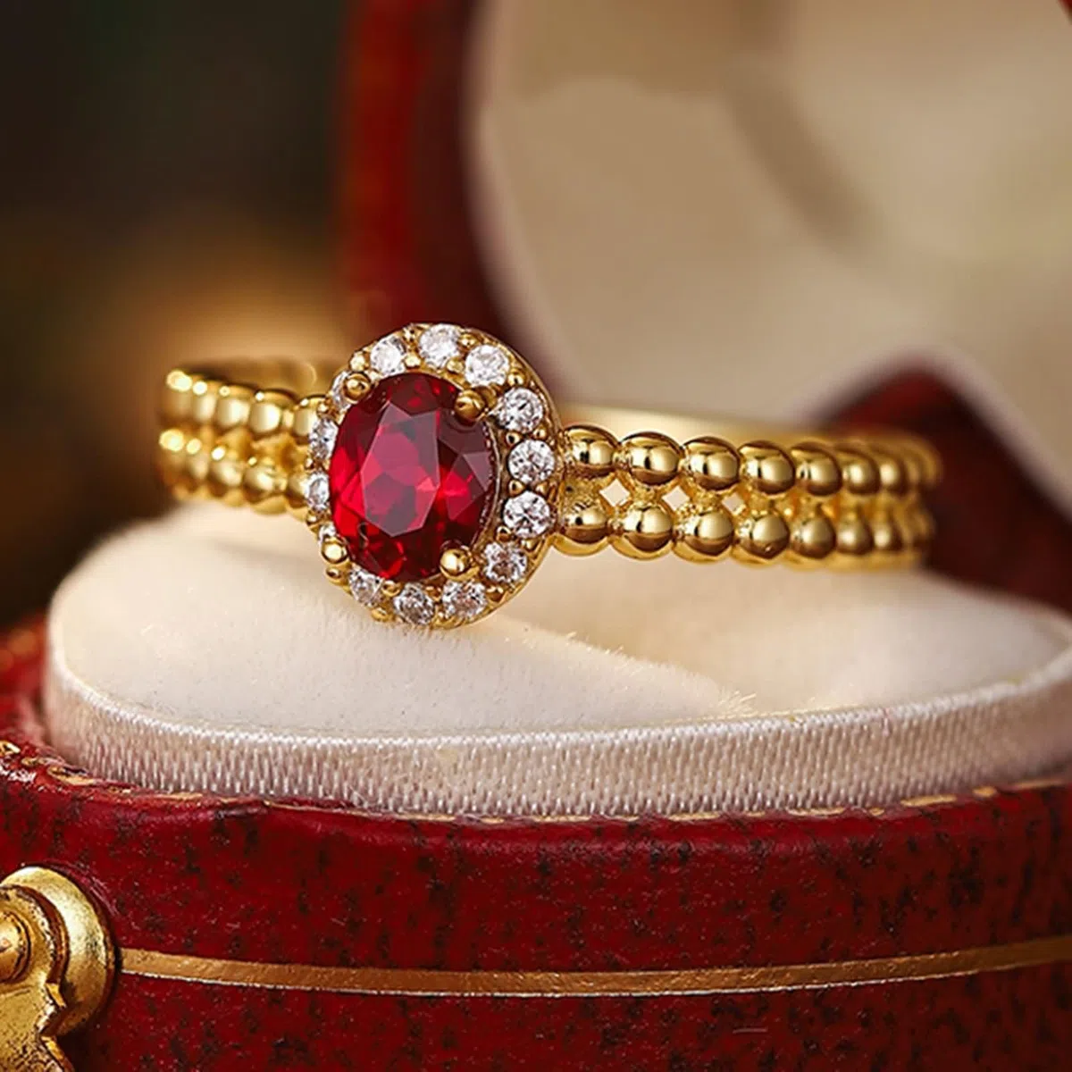 Anillos de Mujer Compromiso Oro 9K / 14K / 18K, 4 Garras Oval con Rubí de 0,5 ct y Moissanita, Anillo de Eternidad Oro Mujer