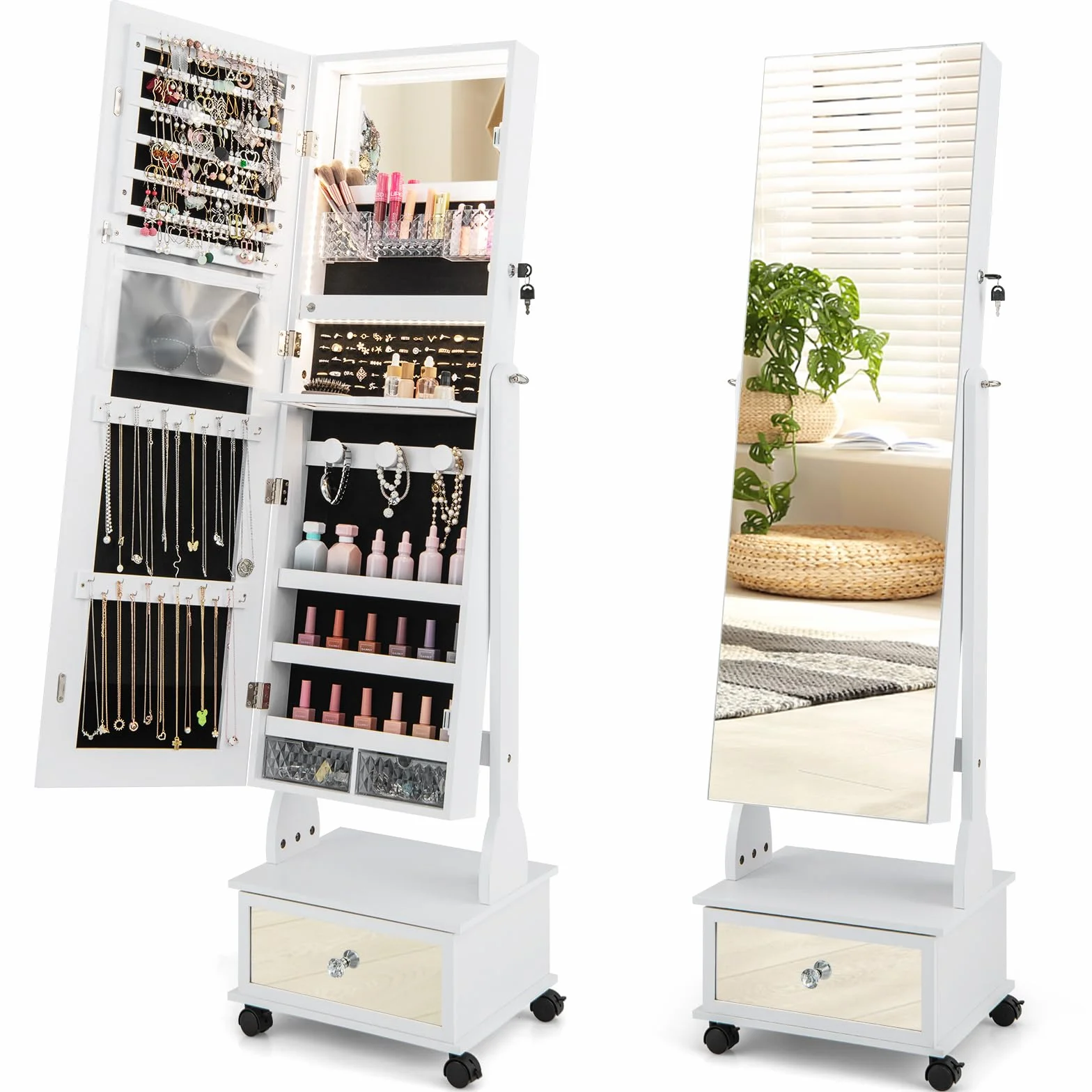 COSTWAY Armario para Joyas, Espejo Joyero de Pie Con Luces LED de 3 Colores, Espejo de Pie Cuerpo Entero con Cerradura, Cajón y 4 ruedas, Almacenamiento de Joyas Con Espejo de Maquillaje (Blanco)
