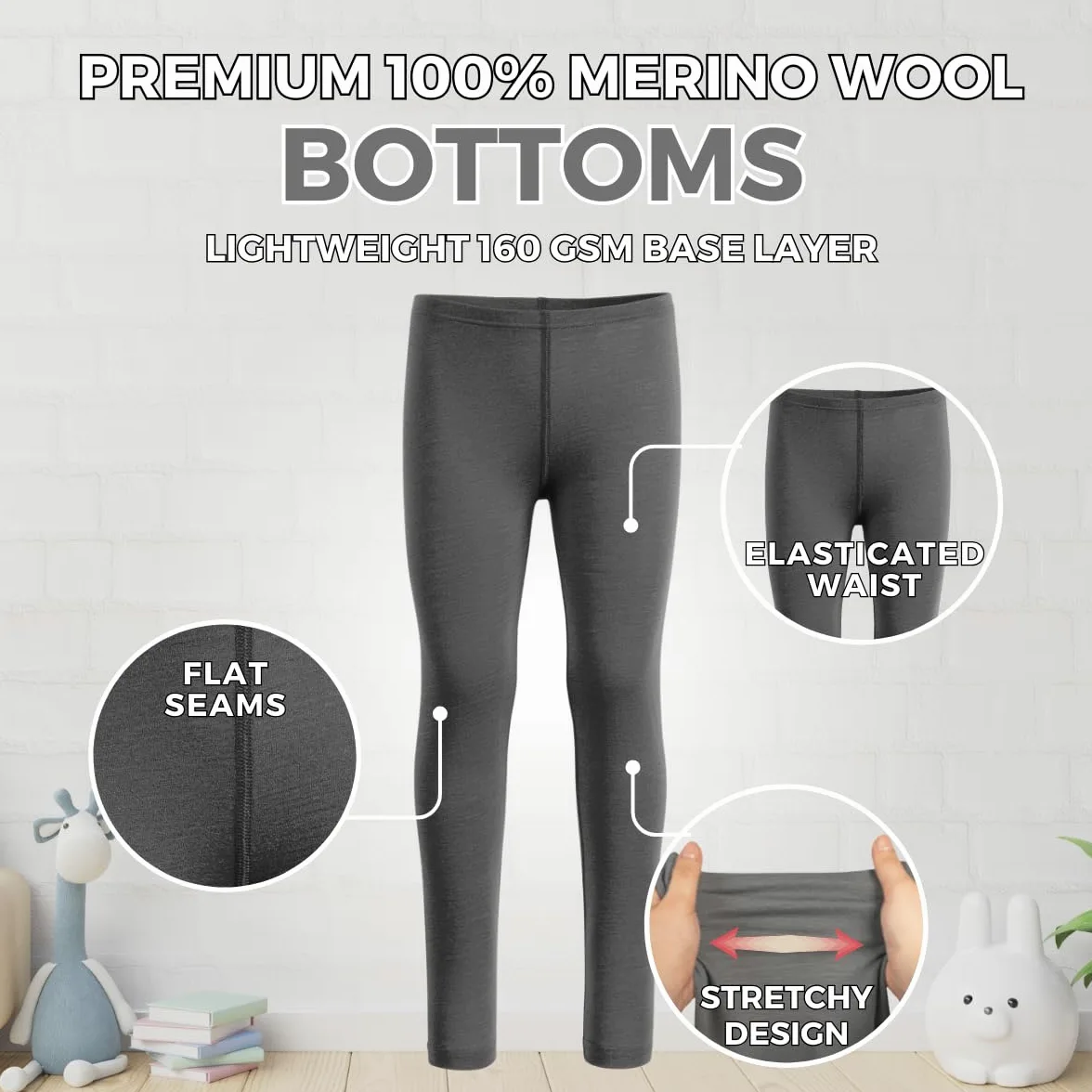 menique Leggings térmicos niños 100% Lana Merino, Gris, 86-92 | Mallas transpirables de secado rápido para niños y niñas, para fútbol, correr, senderismo, deporte outdoor y días fríos
