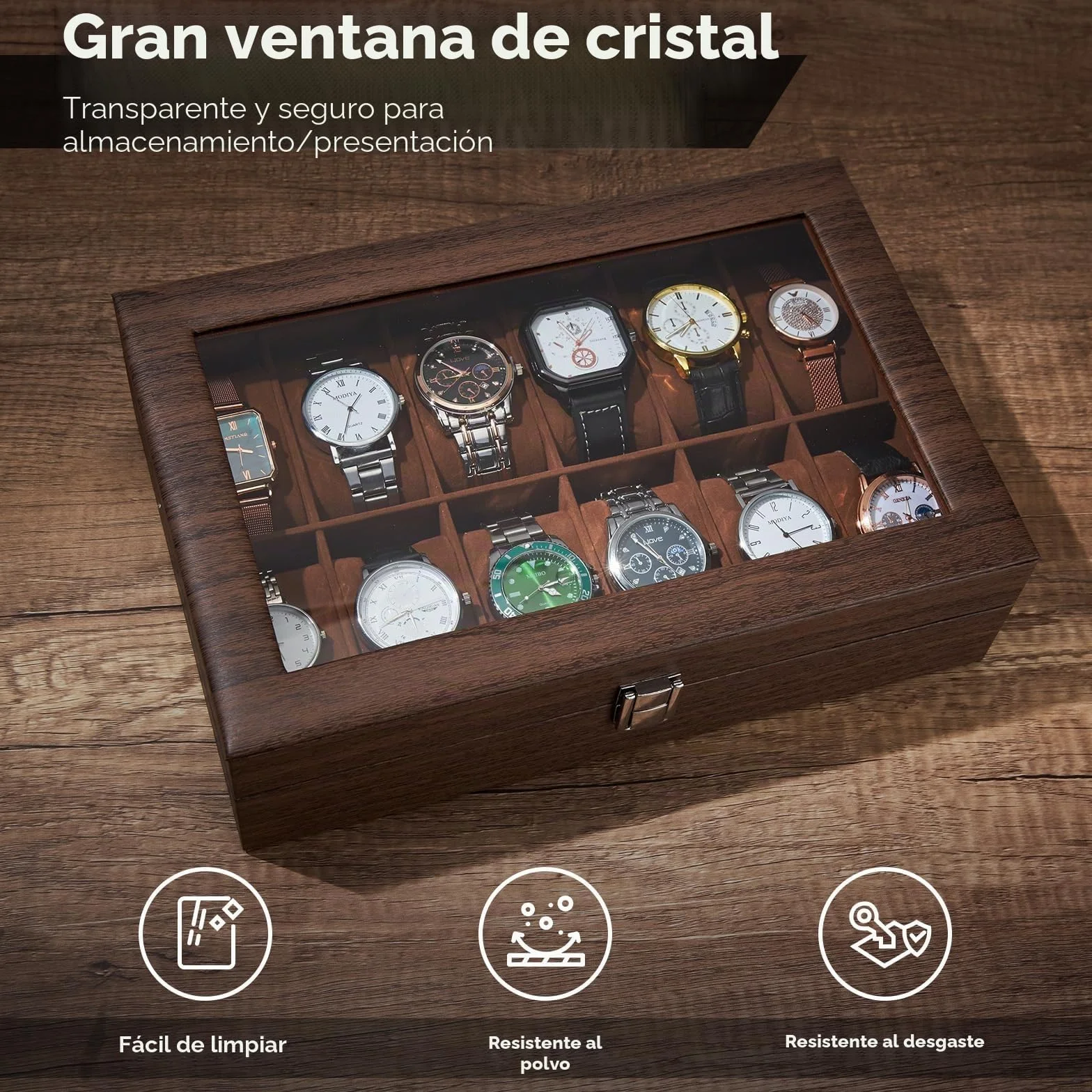Caja Relojes con 12 Compartimentos, Ohuhu Caja para Relojes con Tapa de Cristal y Cojín ExtraíbleRegalo para Cumpleaños Día del Padre Navidad