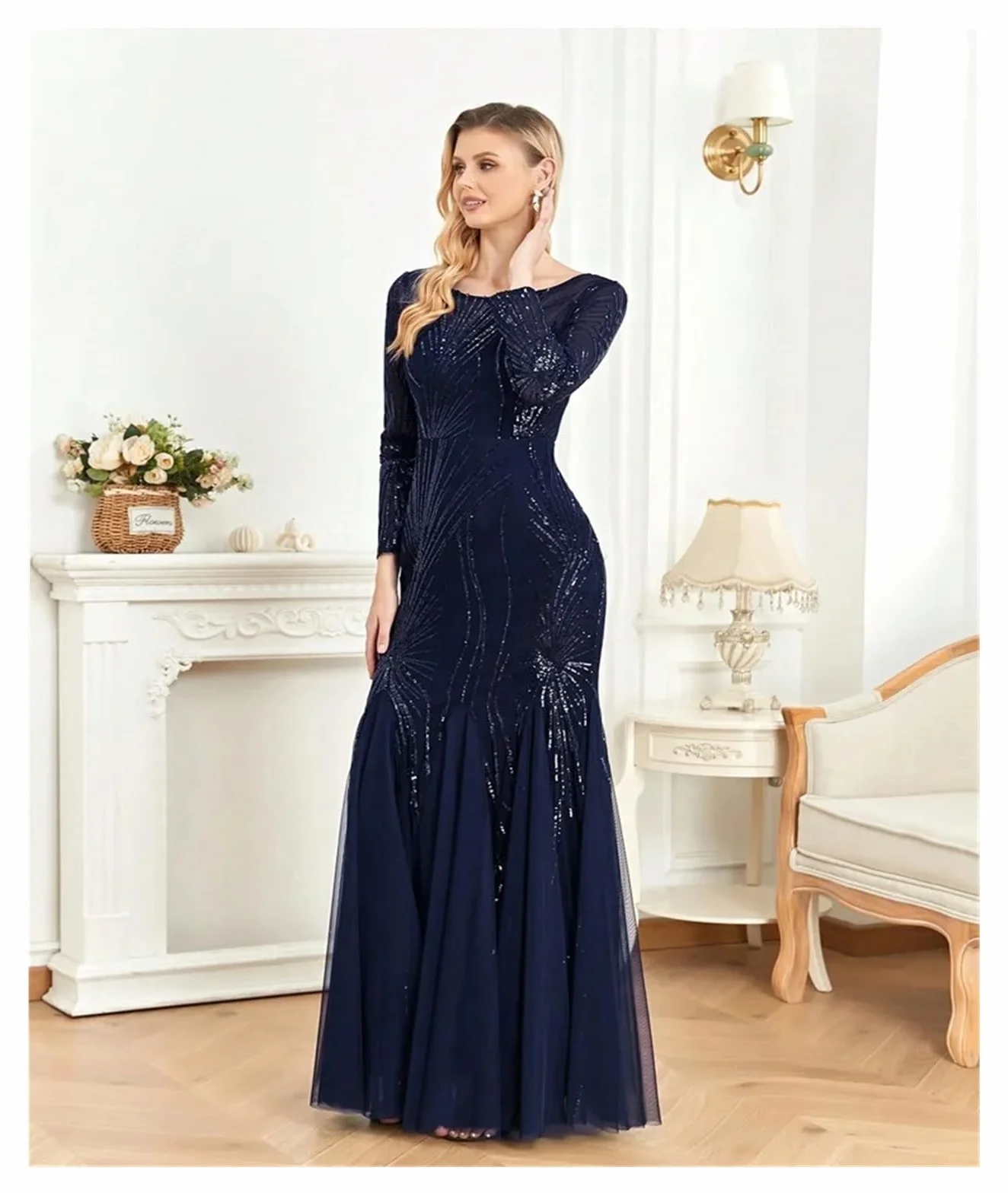 Vestido de Graduación para Mujeres Elegantes Vestidos de Noche de Tul con Lentejuelas y Mangas largas, Estilo Sirena, Formales, for Dama de Honor y Fiesta Maxi(Champagne,M)