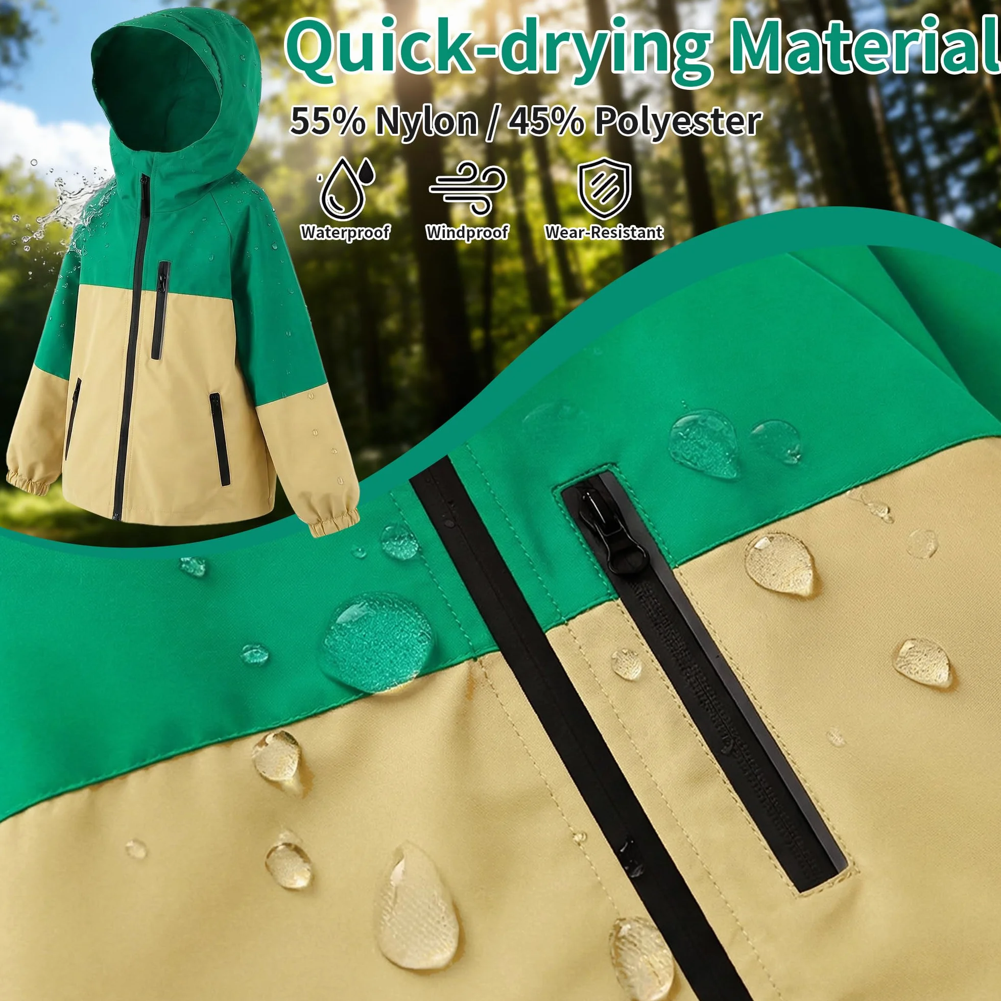 Chaqueta Impermeable Infantils, Chubasquero con Tiras Reflectantes y Bolsillos Cremallera, Ligero Cortavientos con Capucha, Ropa Abrigo Niñas Niños Exterior Escuela para Edad 5-13