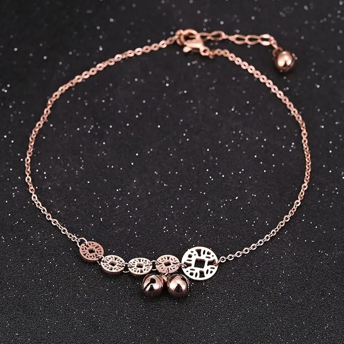 9K Rose Gold 375 Tobillera Boho 30 cm, Au375 oro rosa, campana, hueca, redonda, tobillera para mujer
