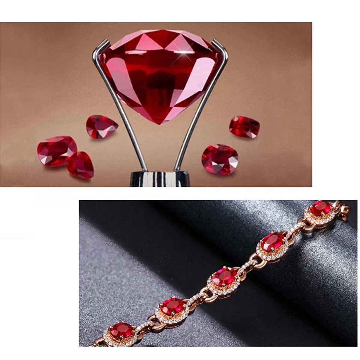 Pulseras Mujer Oro Rosa 9Kt / 14Kt / 18Kt, Oval con Rubí y Diamante, Cadena Extensible 16 CM + 5 CM, Pulseras Ajustable Mujer de Oro Rosa