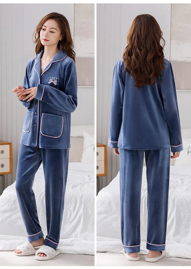 LUBOSE Pijama de franela para mujer, conjunto de ropa de descanso, 2 piezas, pijama con botones, ropa de descanso térmica (XL, azul marino)