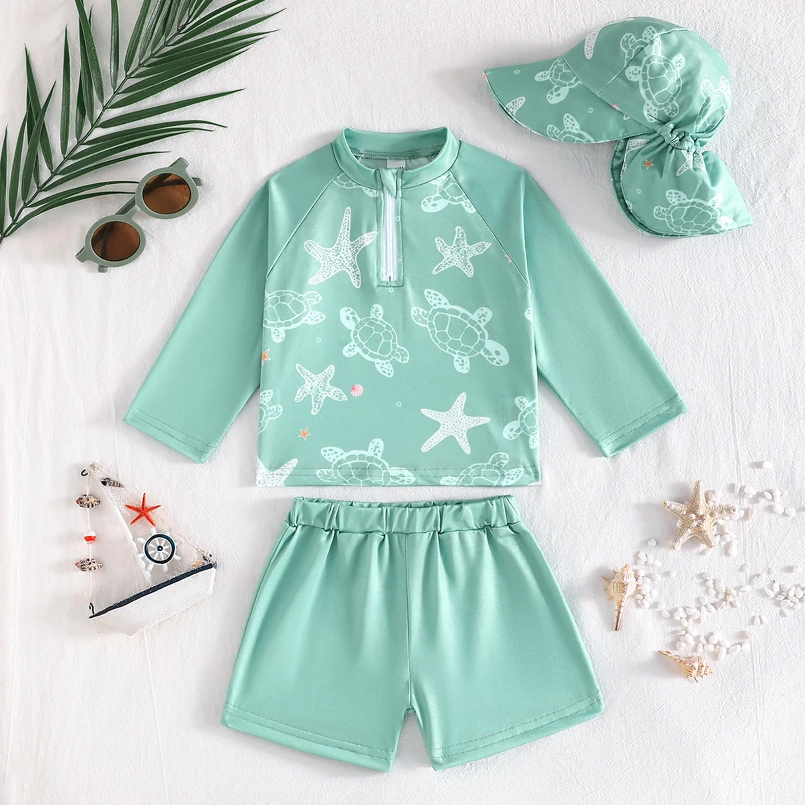 Conjunto de baño de dos piezas para niños pequeños Gorro Camiseta manga larga y Pantalones cortos Playa Piscina