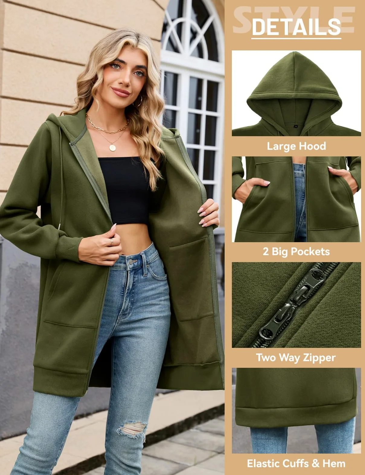 Yuson Girl Sudadera Mujer con Capucha Larga Algodón Chaqueta Forro Polar | Casual Sudaderas de Otoño para Invierno,Cardigan Elegante Deportiva Hoodie,con Cremallera y Bolsillos