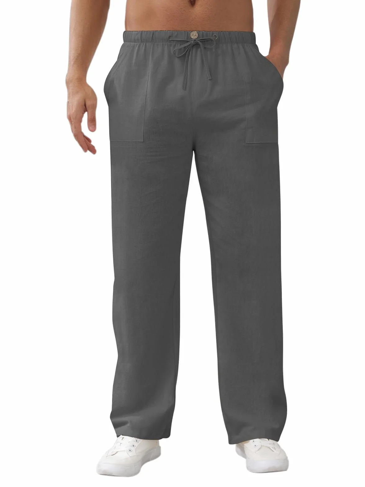 Pantalon Lino Hombre Pantalones Holgados de Ocio Pantalones Ligeros de Verano para Hombre con Bolsillos, Cintura Elástica y Cordón