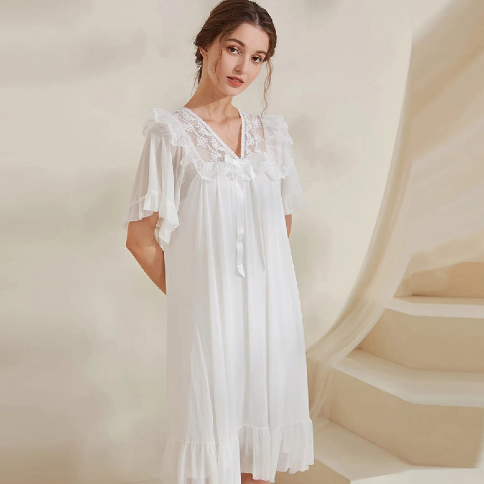 OFFSUM Camisón De Pijama De Mujer - Camisón De Princesa De Color Sólido Camisón De Verano con Lazo De Malla De Encaje Camisón De Dos Pisos Elegante Bordado Ropa De Casa Lencería
