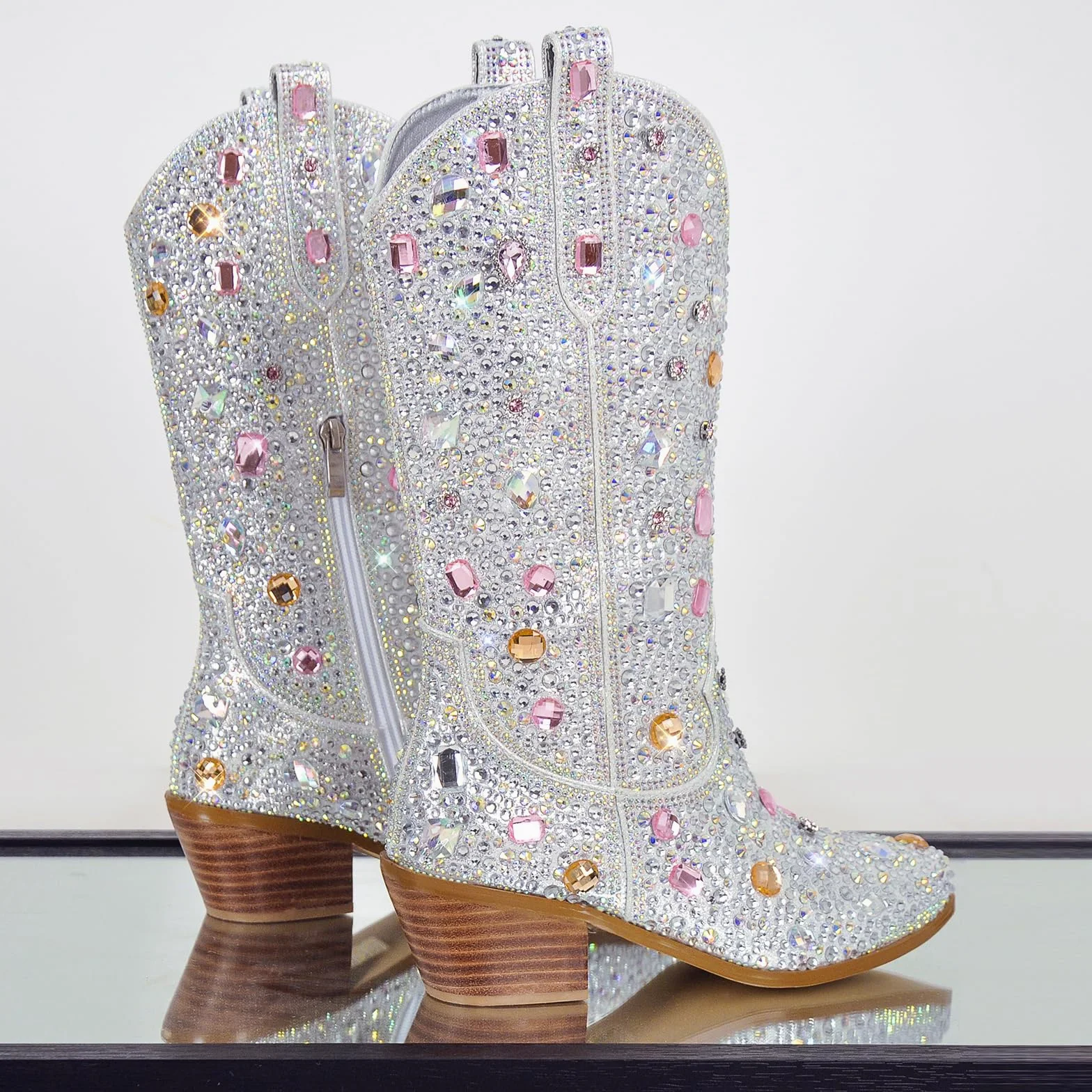 MissHeel Botines de vaquero brillantes con tacón de embudo con purpurina, botas occidentales decoradas con piedras preciosas