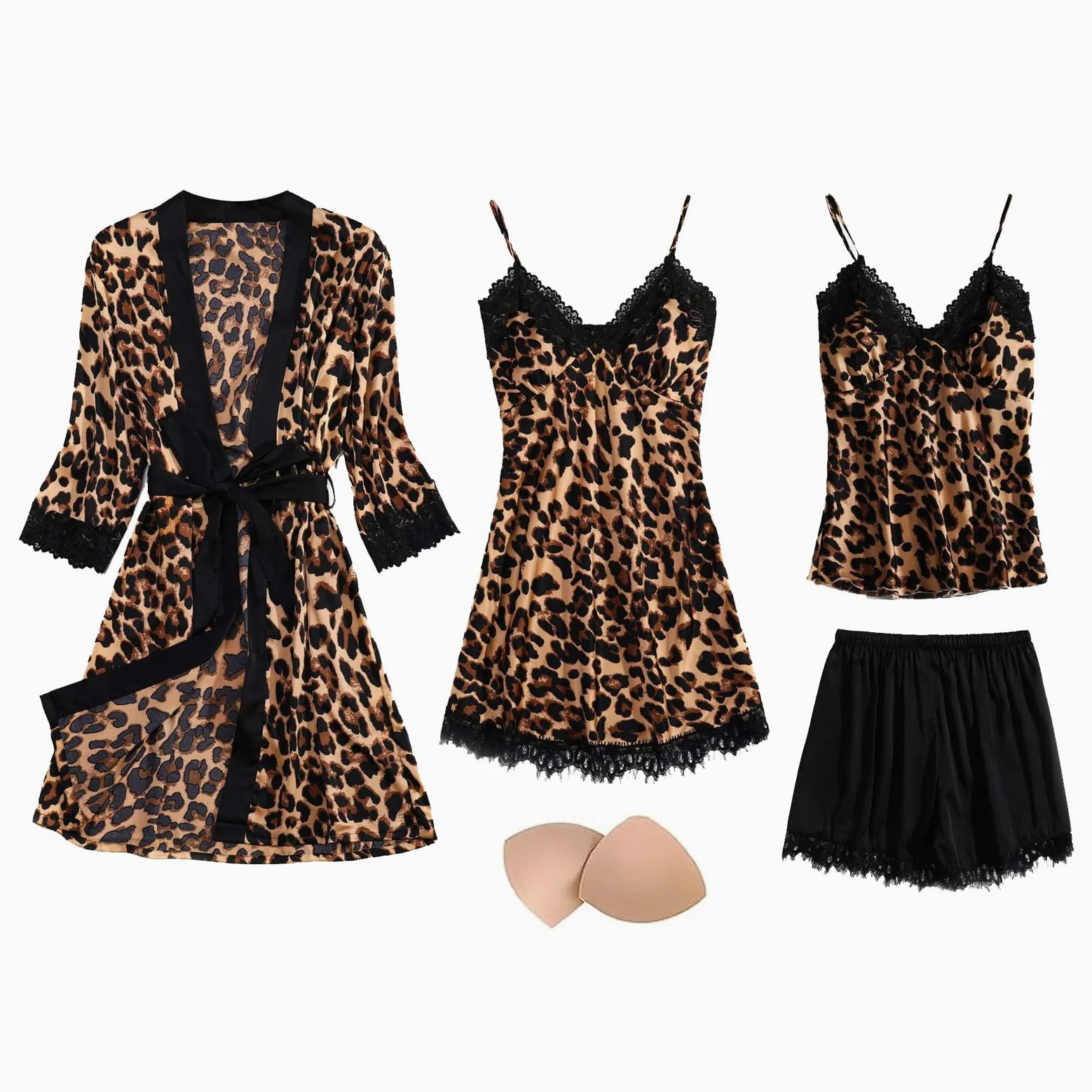 Conjunto de Pijama de Raso de 4 Piezas para Mujer Vestido Kimono de Encaje Conjunto de Pijama Sexy Negligee y Camisón Corto Conjunto de 4 Piezas