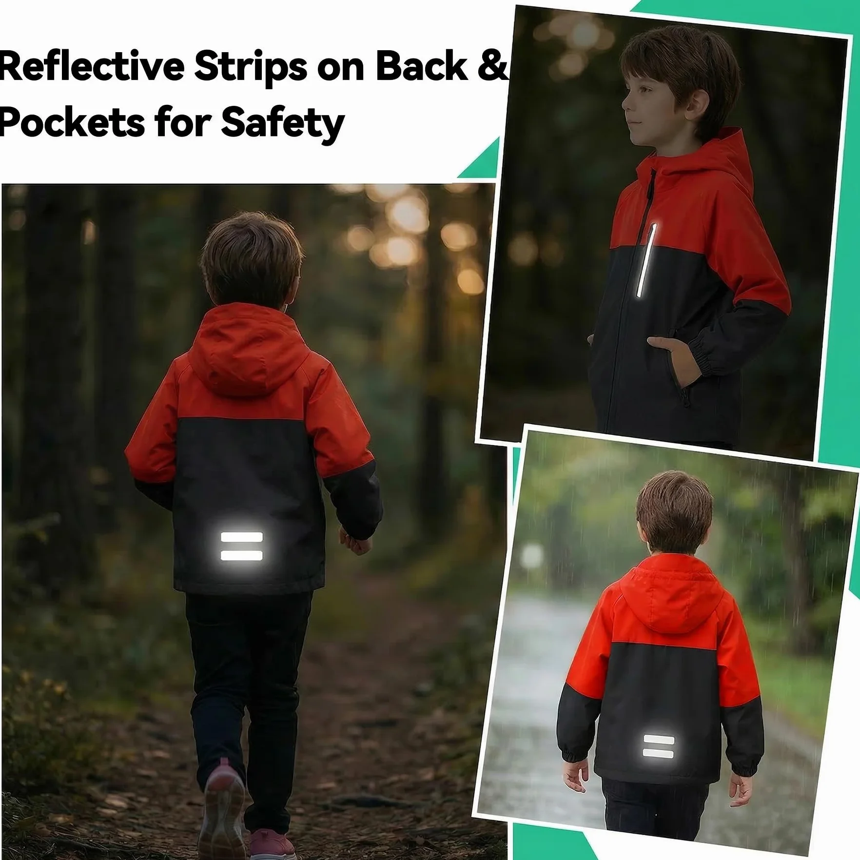 Chaqueta Impermeable para Niños, Cortavientos Abrigo Reflectante Ligera Chaqueta de Lluvia Primavera Otoño 5-13 Años