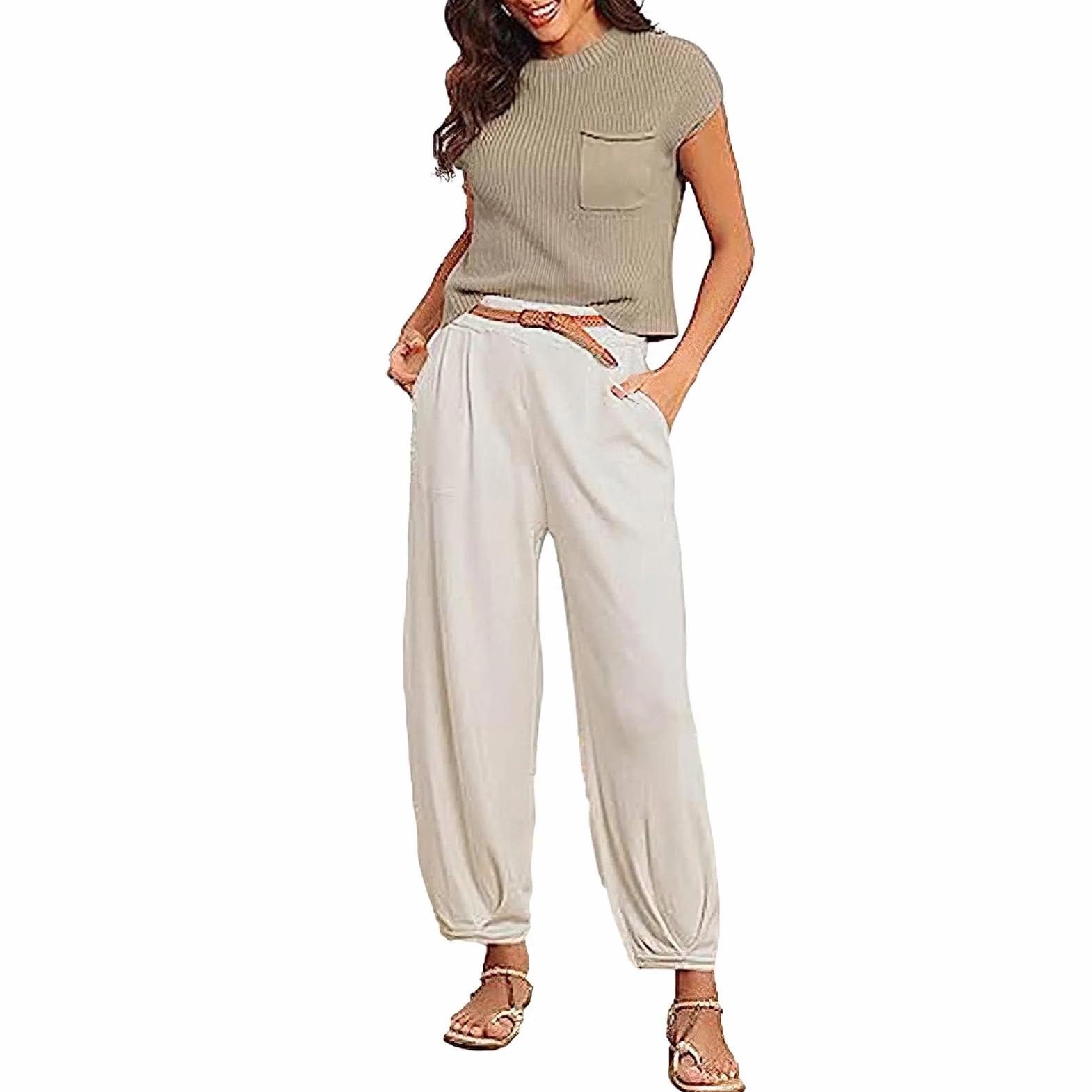 amropi Chándal de Mujer Conjunto de Punto Jersey Casual Manga Corta y Pantalón Jogging