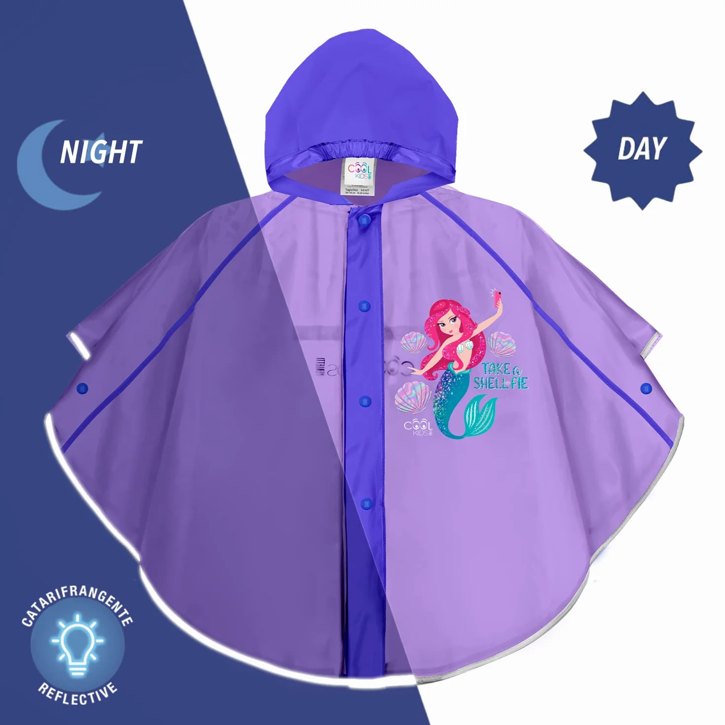 PERLETTI Chubasquero Niñas 3 4 5 6 Años con Sirena - Poncho Impermeable Infantiles con Capucha Rosa Botones a Presión - Ropa de Agua Niña Detalles Reflectantes Little Mermaid