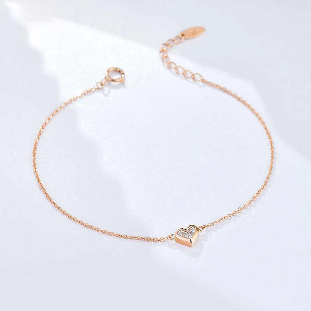 Pulseras de Mujer de Oro Rosa 9K / 14K / 18K, Corazón con Diamante, Cadena Extensible 16 CM + 5 CM, Pulseras de Mujer Ajustable Oro Rosa