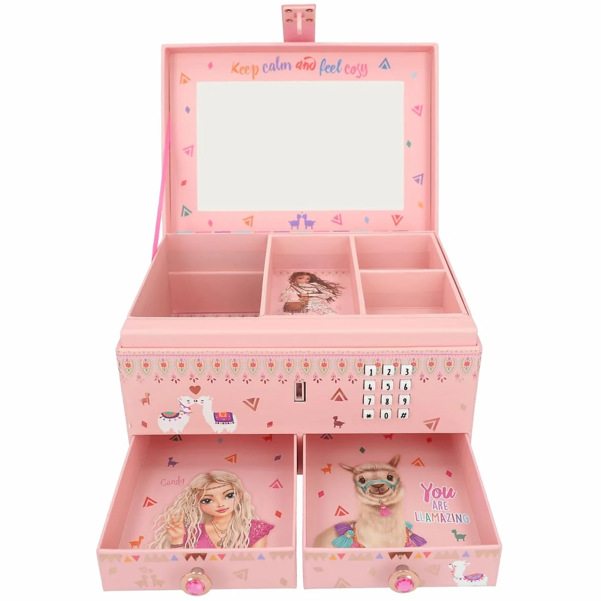 Depesche TOPModel Cosy-Pequeño Rosa Joyero con Motivo de Alpaca y Modelo, Abre con Código de Sonido, Espejo Tapa abatible Multicolor