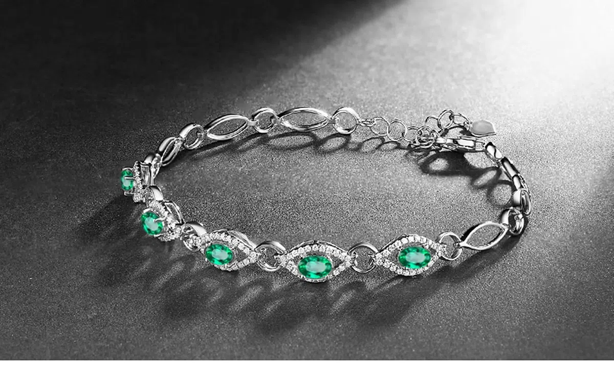 Pulseras Mujer Oro Blanco 9 K / 14 K / 18 K, Oval con Esmeralda Creada de 1,2 ct y Moissanita, Cadena Extensible 16 CM + 5 CM, Pulseras para Mujer Ajustable Plata Verde