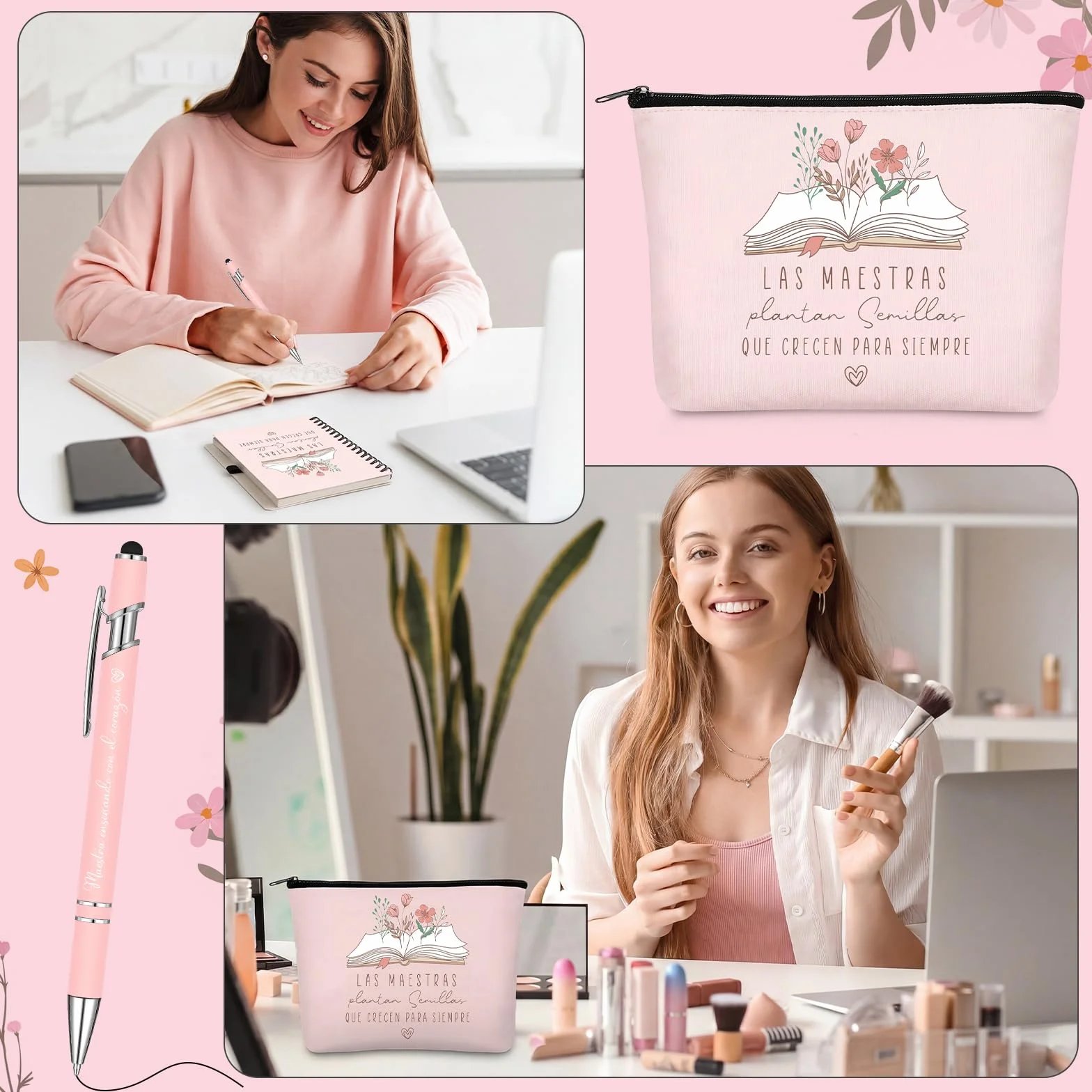 BBTO Set Regalo para Maestra Fin de Curso Gracias Mujer Neceser para Profesora Infantil Cuaderno Espiral con Bolígrafo Estético Regalo de Despedida para Profe Guardería Graduación Primaria