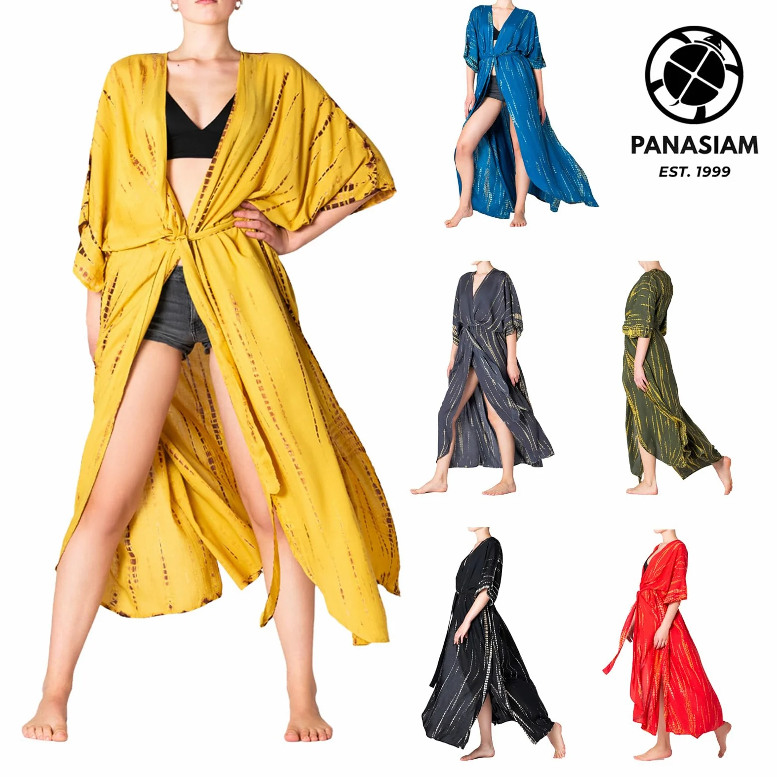 PANASIAM Kimono Batik Mujer - Maxi Salida de playa - Pareo Holgado | Túnica de playa de viscosa, Kimono ligero, Cubre bikini, con cinturón para anudar, Estilo boho, Talla M-XL