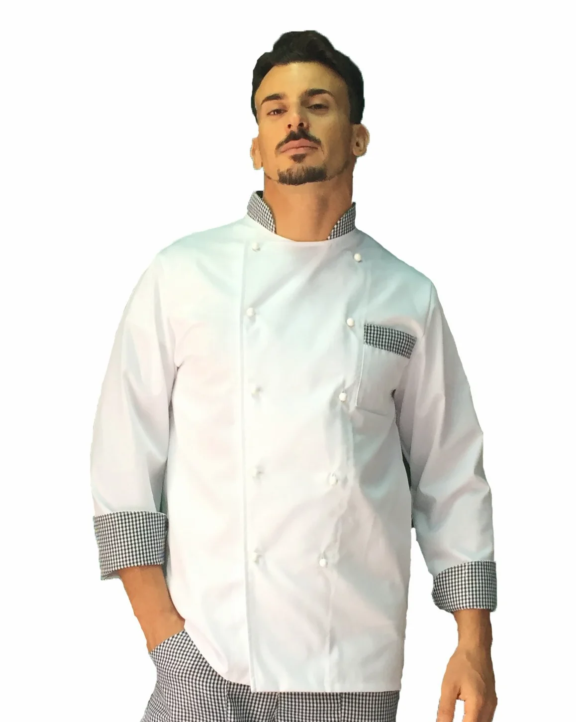 Bordado gratuito – Conjunto de cocinero para hombre – Blanco y Pied de Poule – Uniforme Chef – Chaqueta, pantalones y delantal – 100% algodón – Uniforme para cocina y restaurante,