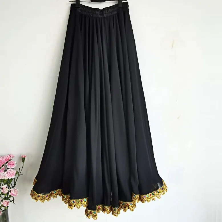 Danza del Vientre Gasa para Mujer 13 Colores Sólidos 720 Grados Falda De Péndulo Faldas Largas Bailarina Práctica Falda Larga De Baile,Negro,L