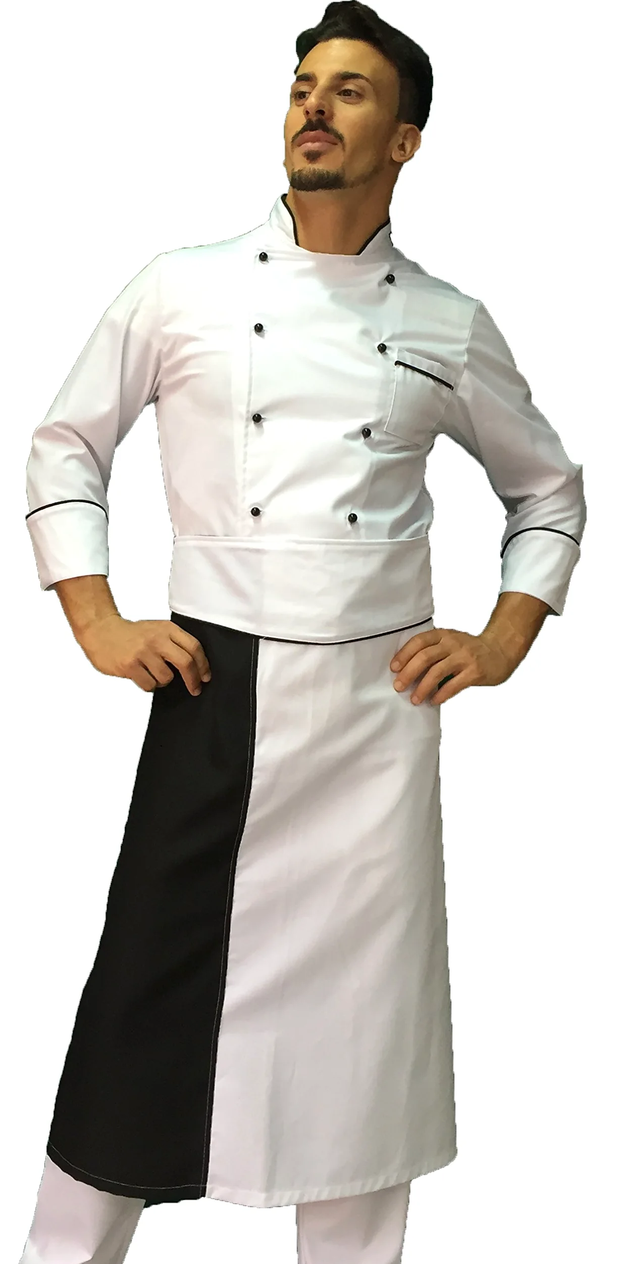 Bordado gratuito – Conjunto de cocinero para hombre – blanco, negro – uniforme de chef – Chaqueta, pantalones y delantal – Uniforme para cocina y restaurante – Fabricado en Italia,