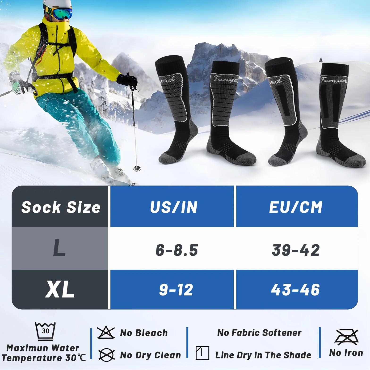 2 Pares Calcetines Esqui Lana Merino, Calcetines de Esquí Hombre para Esquiar, Snowboard y Deportes de Invierno al Aire Libre