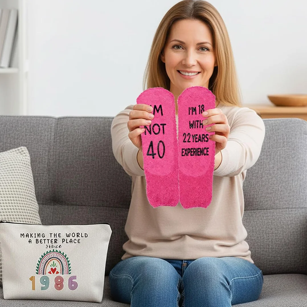 2 Pcs Regalo de Cumpleaños Ideal para Mujeres, Neceser 40 Cumpleaños, Cumpleaños para Esposa, Incluye Bolsa de Maquillaje y Calcetines de Cumpleaños para Mujeres (1986-40 años)