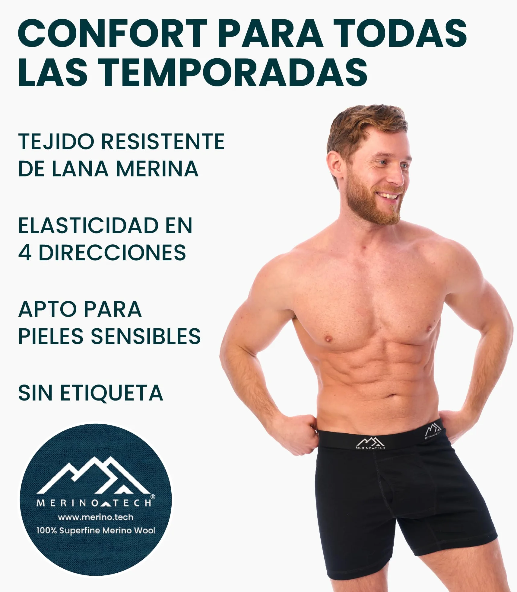Merino.tech Calzoncillos Lana Merino Hombre - Boxer (L, P2 - Black) | Cintura elástica, sin rozaduras en entrepierna, transpirables, uso diario