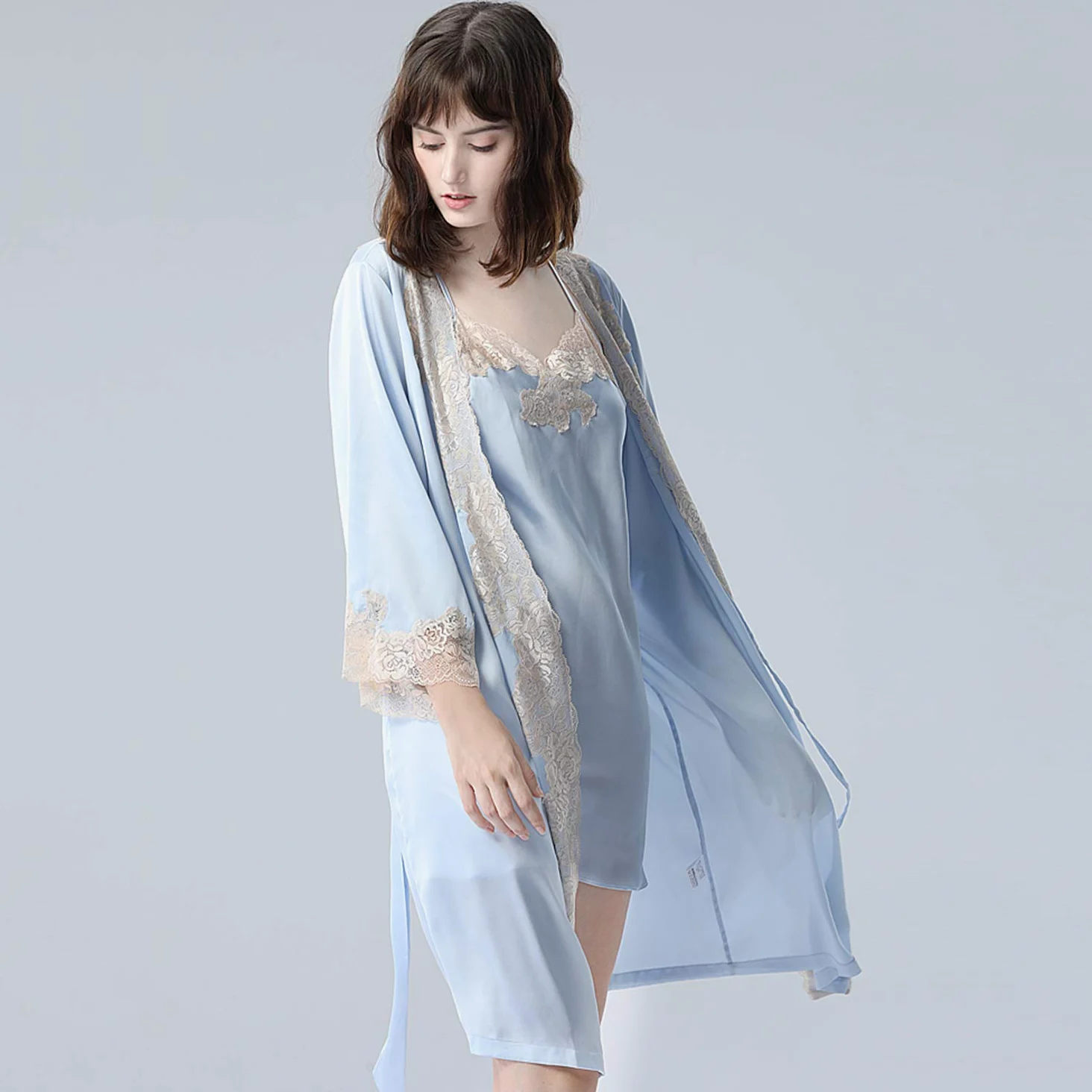 Traje De Kimono De Encaje Azul, Bata Satinada, Pijamas Sueltos con Bata De Baño Y Ropa De Dormir De Verano M