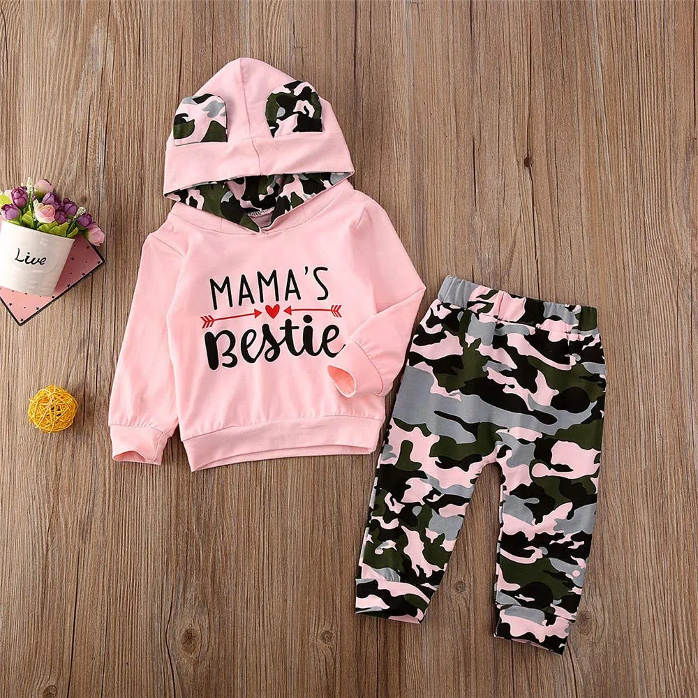 2pcs Bebé Niñas Otoño Invierno Ropa Mamas Bestie Sudadera Con Capucha Tops & Camo Pantalones Trajes Conjuntos - rosa - 18-24 meses