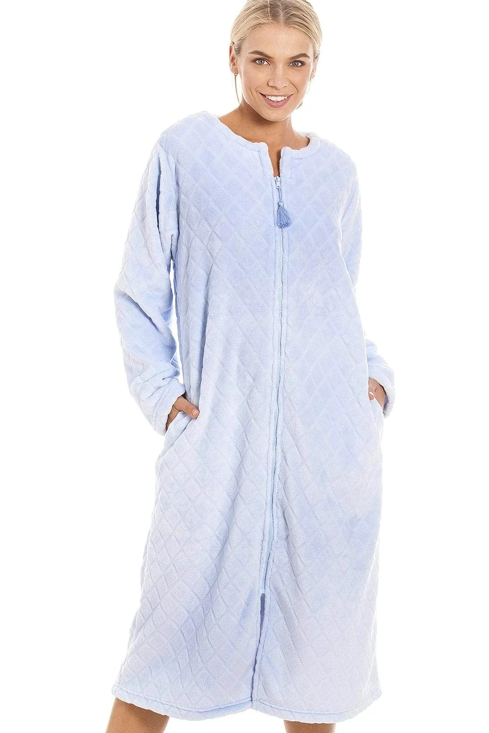 Camille Bata de baño de forro polar súper suave con cremallera para mujer, longitud a la pantorrilla, con estampado de diamantes, cierre de cremallera, mangas largas y bolsillos, ligera, de lujo