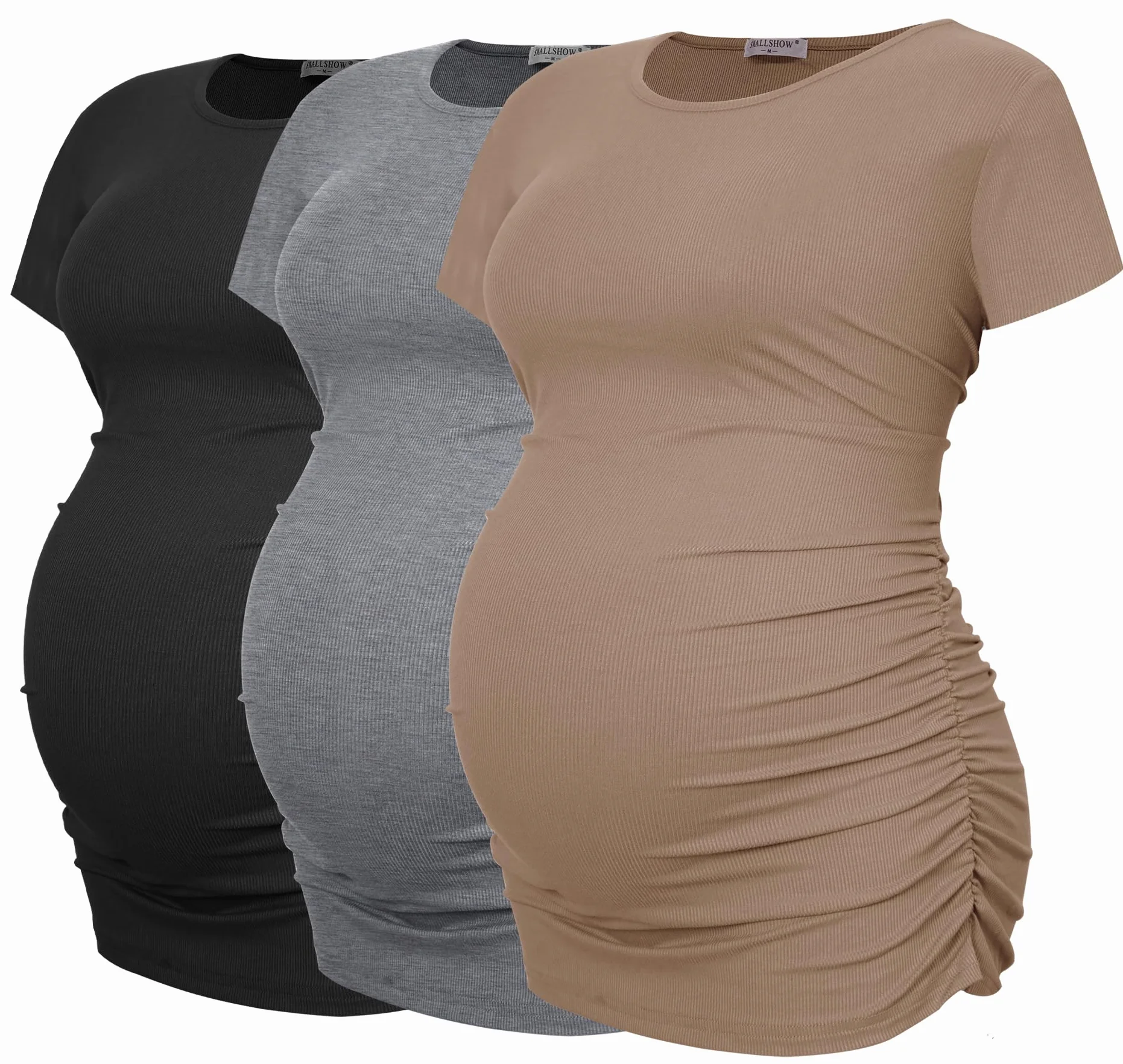 Smallshow Camisas de Maternidad para Mujer, acanaladas, fruncidas, Ropa de Embarazo, Paquete de 3 Unidades, Negro-marrón-Gris Claro (Paquete de 3), Large