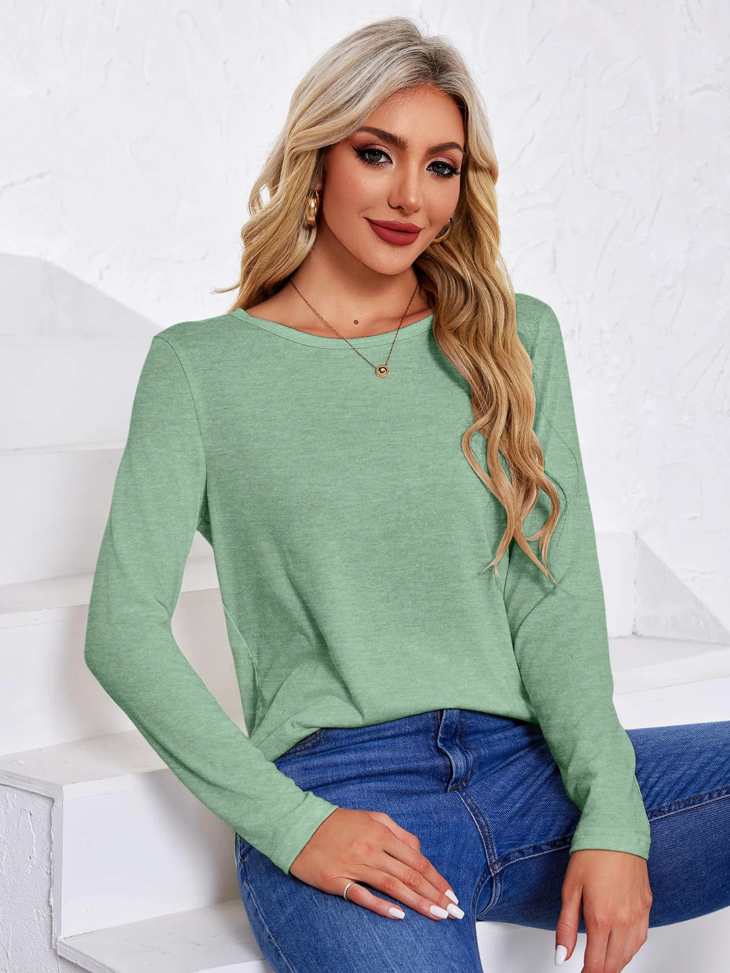 Camisetas de manga larga para mujer, con cuello redondo, básicas, camisetas casuales de primavera