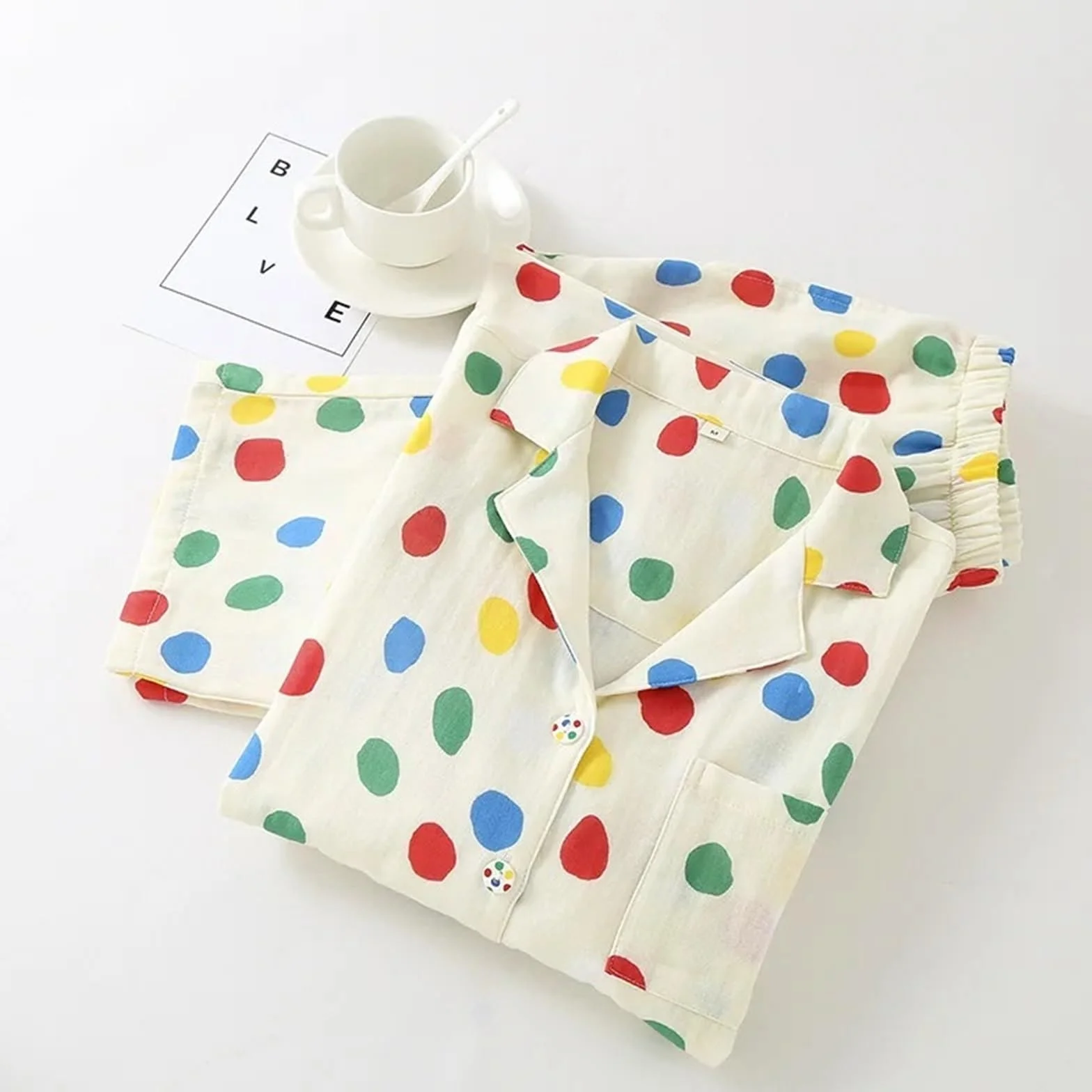 Pijamas de Gasa Doble algodón for Mujer, Ropa Descanso con Cuello Vuelto y Lunares Colores, Pantalones Finos Manga Larga, Conjuntos 2 Piezas para Descanso en casa