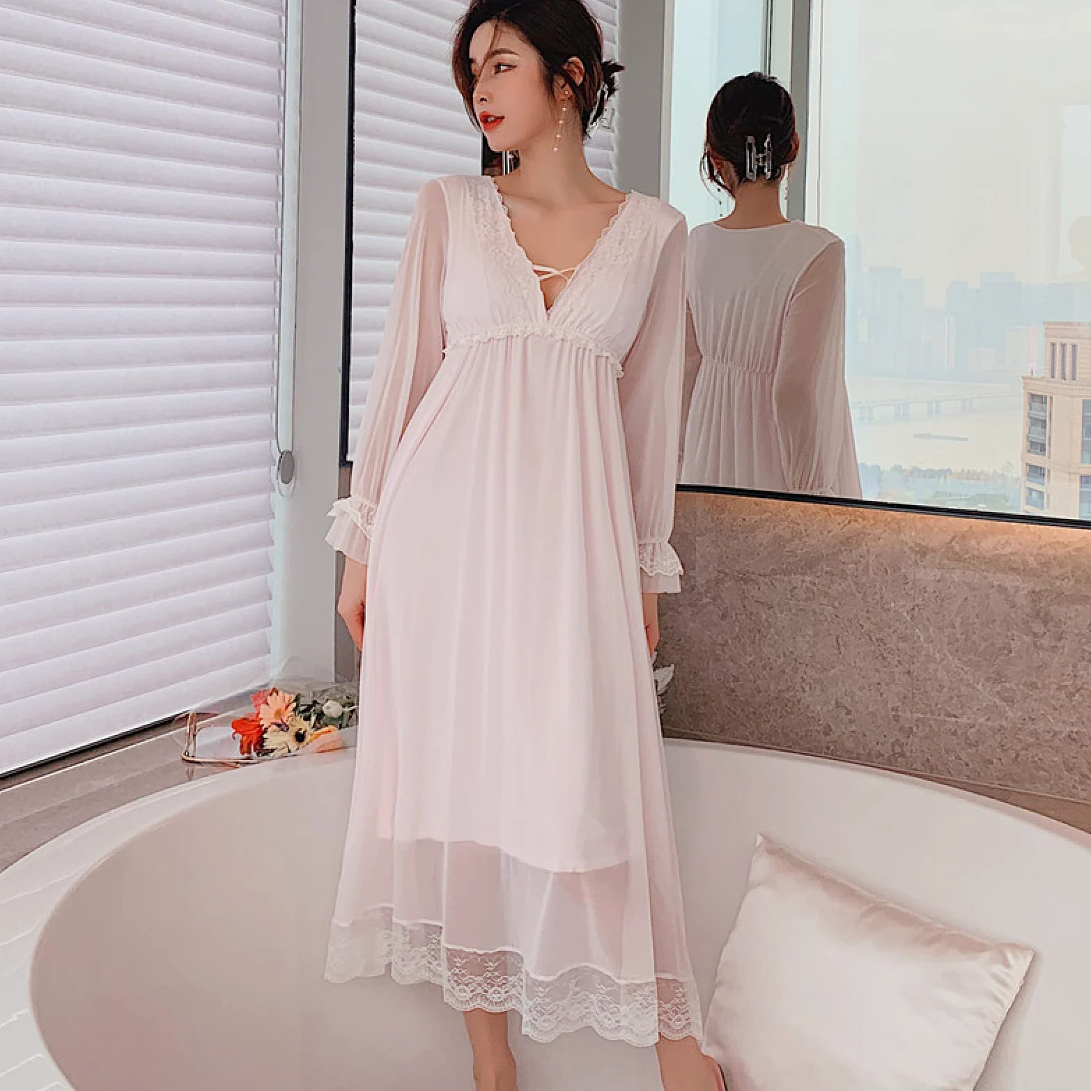 OFFSUM Camisón De Pijama De Mujer - Sexy Cuello En V Camisón De Encaje Ropa De Dormir Primavera Verano Estilo Princesa Color Sólido Camisón Malla Loungewear Vestido Casual