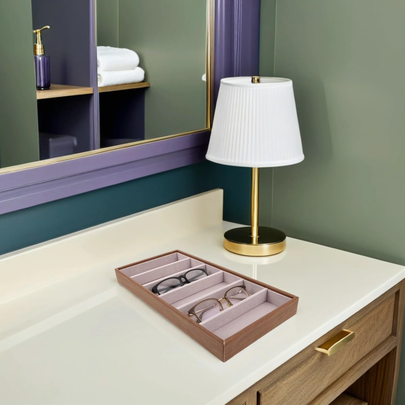 Housoutil Bandeja Organizadora de Gafas de Sol de Madera Compartimentos para Joyas, Estuche Rígido para Almacenamiento en Mesita de Noche, Exhibidor Multifuncional para Gafas y Accesorios