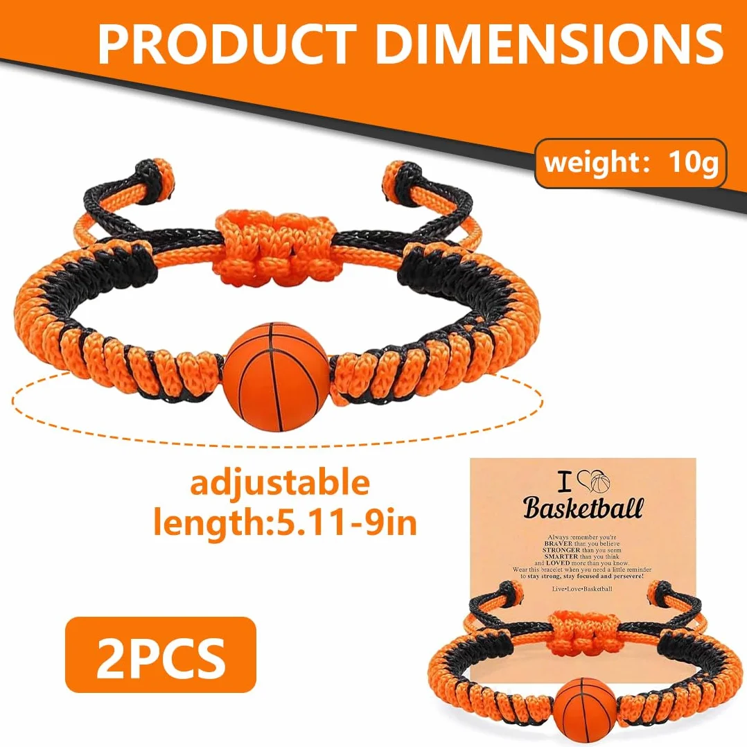 Pulsera de la amistad de 2 piezas, cuerda negra y naranja, colgante de baloncesto de silicona 3D, pulsera de baloncesto para niños, un gran regalo para los amantes del baloncesto.