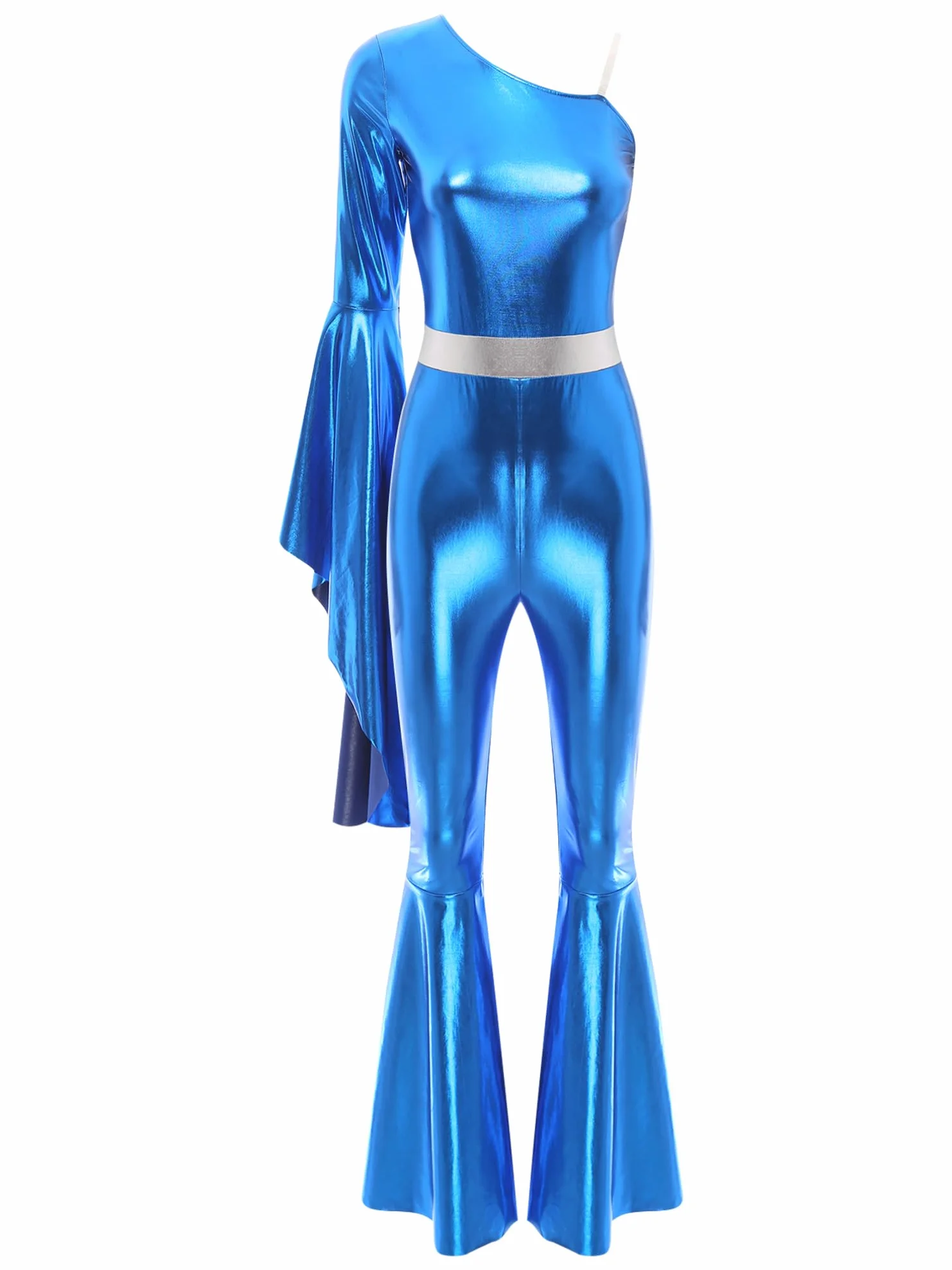 Mono Brillante de Baile para Mujer Jumpsuit Metálico Manga Acampanado un Hombro Disfraz Danza Animadora Disco Party