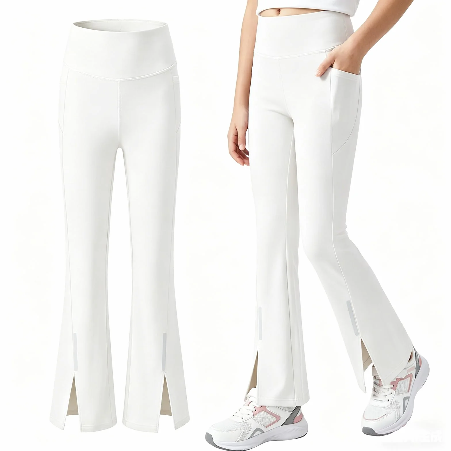 Leggings Deportivos para Niñas con Bolsillo y Tiras Reflectantes, UPF 50 Acampanados Pantalones Transpirable Elástico Casual Escuela Pantalón Ninos Mallas para 7-15 Años