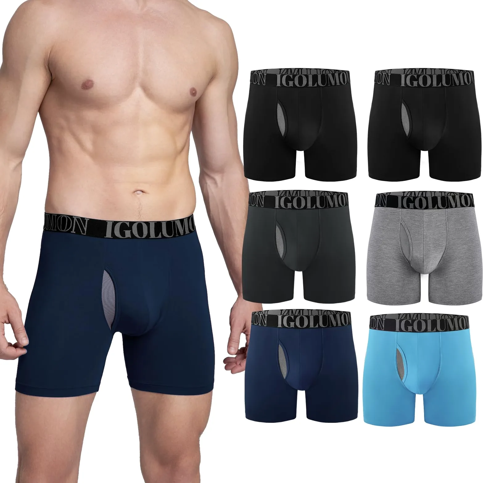 IGOLUMON Bóxers de Bambú Hombre 6 Piezas Calzoncillos Hombre Boxer Transpirable con Bolsillo 3D Ropa Interior Elástica y Cómoda Sin Etiquetas
