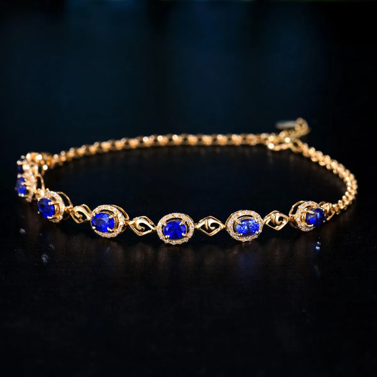 Pulseras Oro Amarillo 9 Kilates / 14 Kilates / 18 Kilates Mujer, Rombo Hueco y Oval con Zafiro Creado de 1,9 ct y Diamante, Cadena Extensible 16 CM + 5 CM, Pulseras de Oro Azul de Mujer