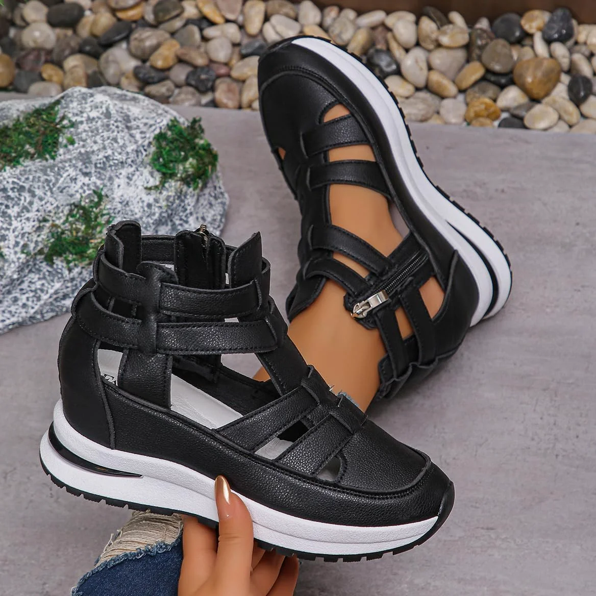 Sandalias de cuña de plataforma transpirables para mujer, sandalias de pescador con puntera cerrada para mujer, sandalias romanas de gladiador de verano