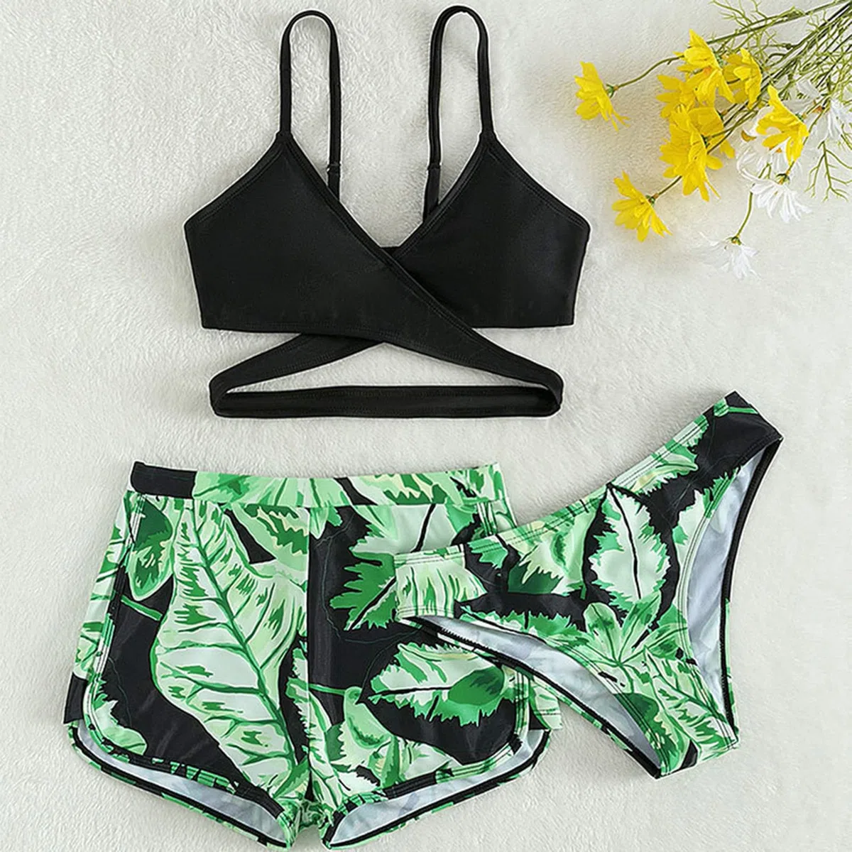 Bikini de niña adolescente con falda niños pequeños bebé niña primavera verano impresión algodón sin mangas niños 3 piezas hojas traje de baño